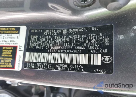 2014 Toyota Camry Se z USA, uszkodzony, nr VIN 4T1BF1FK2EU343071